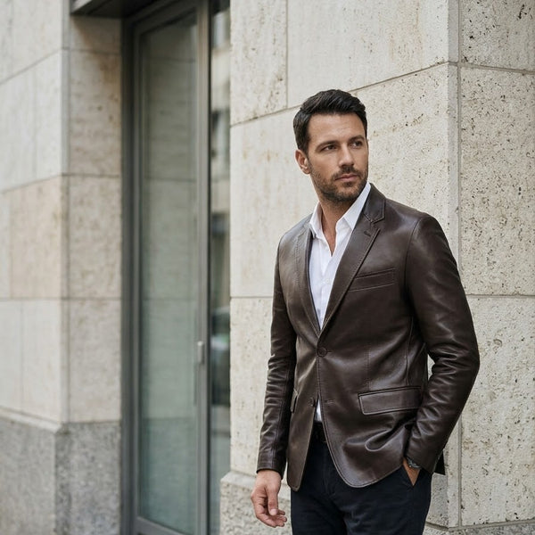 Taj Bespoke Tuscany Espresso Leather Blazer Close-up 1