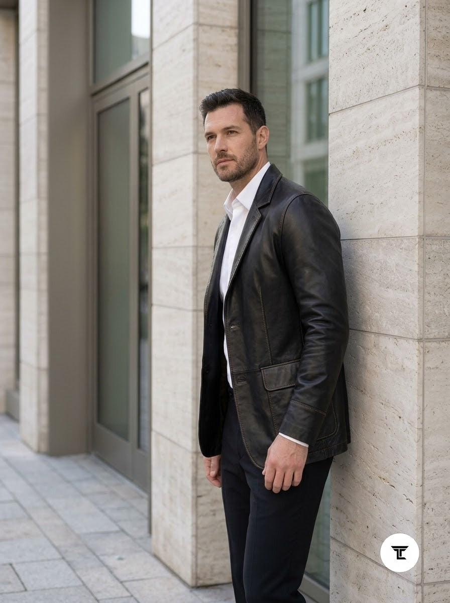 Taj Bespoke Executive Black Nappa Leather Two-Button Blazer
