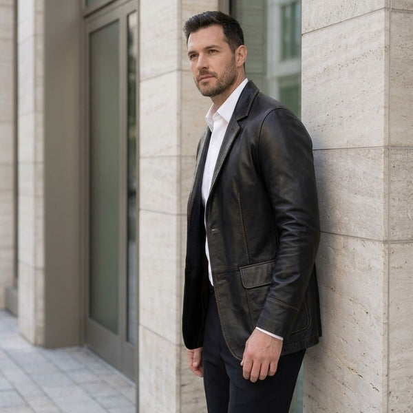 Taj Bespoke Executive Black Nappa Leather Two-Button Blazer Close-up 1