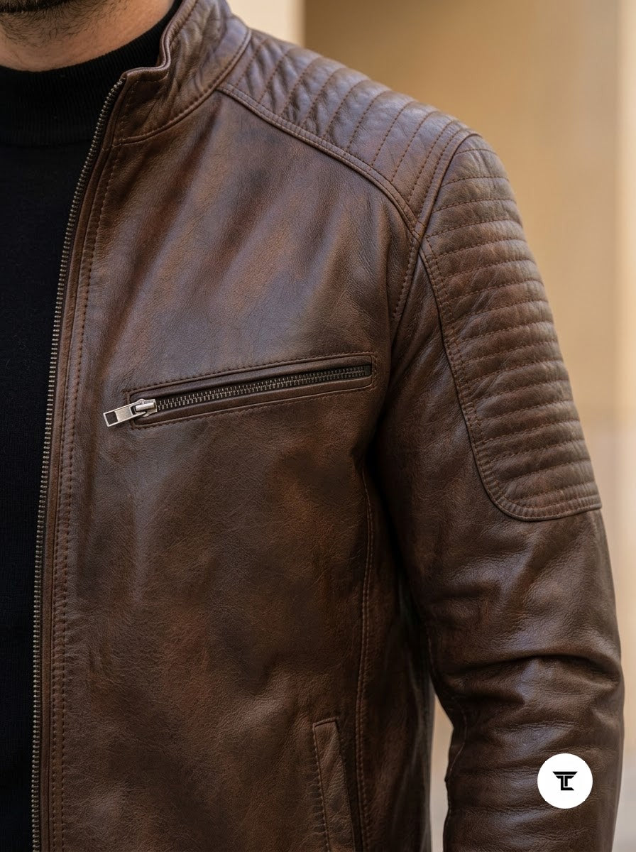 Taj Signature Chestnut Diamond-Stitch Cafe Racer Jacket