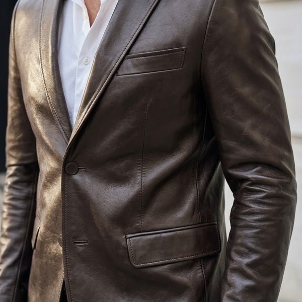 Taj Bespoke Tuscany Espresso Leather Blazer Close-up 3