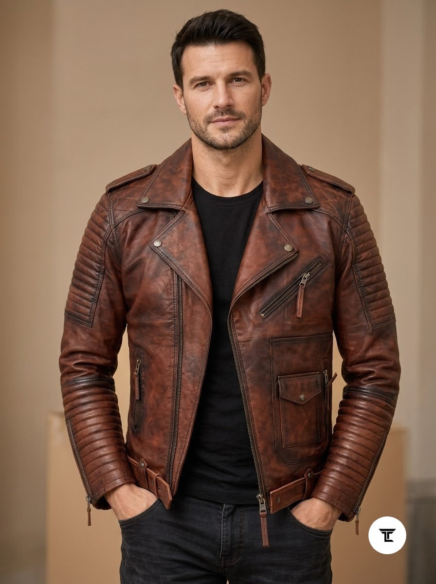 Taj Heritage Dakota Distressed Cognac Moto Leather Jacket