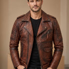 Taj Heritage Dakota Distressed Cognac Moto Leather Jacket