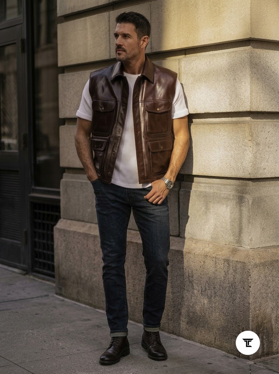 Taj Heritage Ranger Brown Leather Utility Gilet Vest