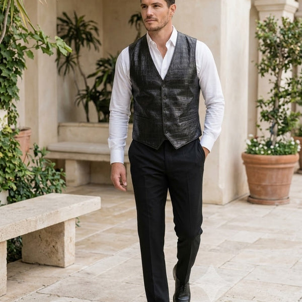 Taj Artisan Venice Crocodile Embossed Black Leather Waistcoat Vest Close-up 3