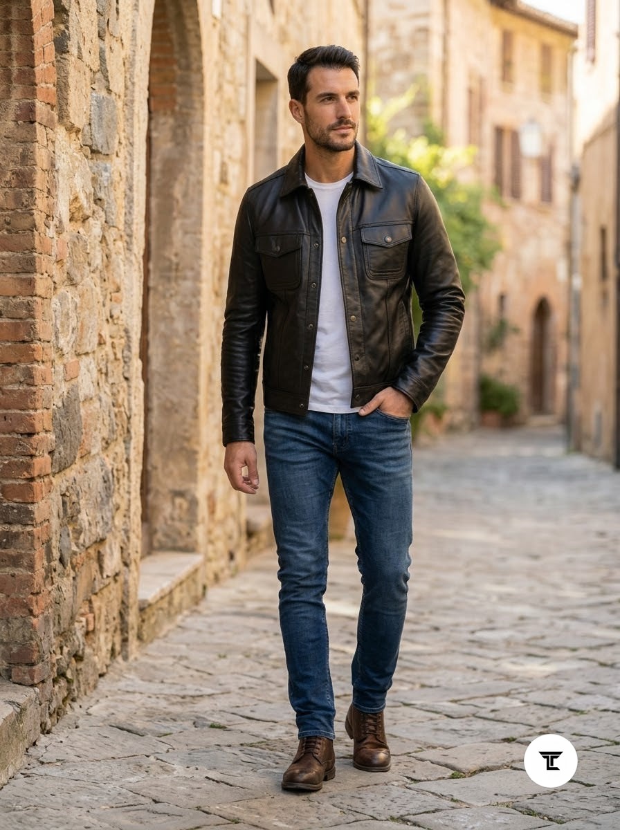 Taj Bespoke Tribeca Black Leather Button Overshirt