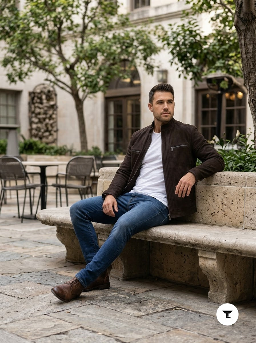 Taj Signature Chocolate Velour Suede Cafe Racer Jacket