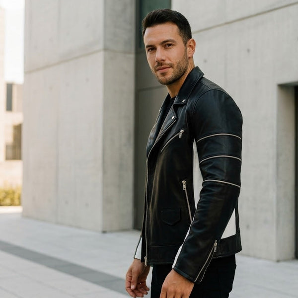 Taj Signature Stealth Black Biker Leather Jacket Close-up 1