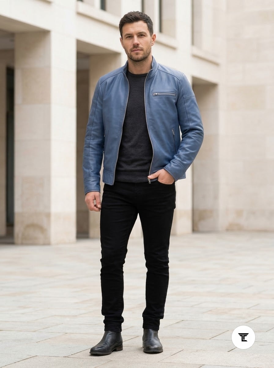 Taj Bespoke Air Force Slate Blue Lambskin Cafe Racer Leather Jacket - View 1000166672