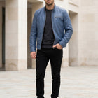 Taj Bespoke Air Force Slate Blue Lambskin Cafe Racer Leather Jacket - View 1000166672
