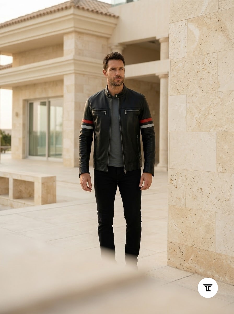 Taj Signature Monaco Striped Racing Leather Jacket