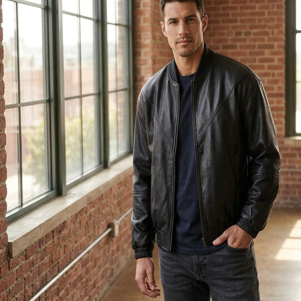 Taj Signature Metropolitan Black Leather Bomber Close-up 1