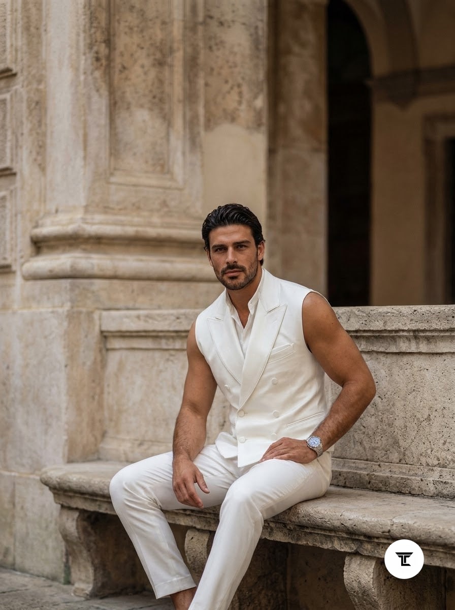 Taj Royal Ivory Double-Breasted Sleeveless Leather Vest - View 1000166287