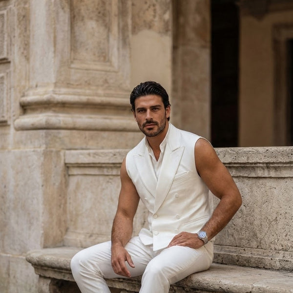 Taj Royal Ivory Double-Breasted Sleeveless Leather Vest Close-up 3
