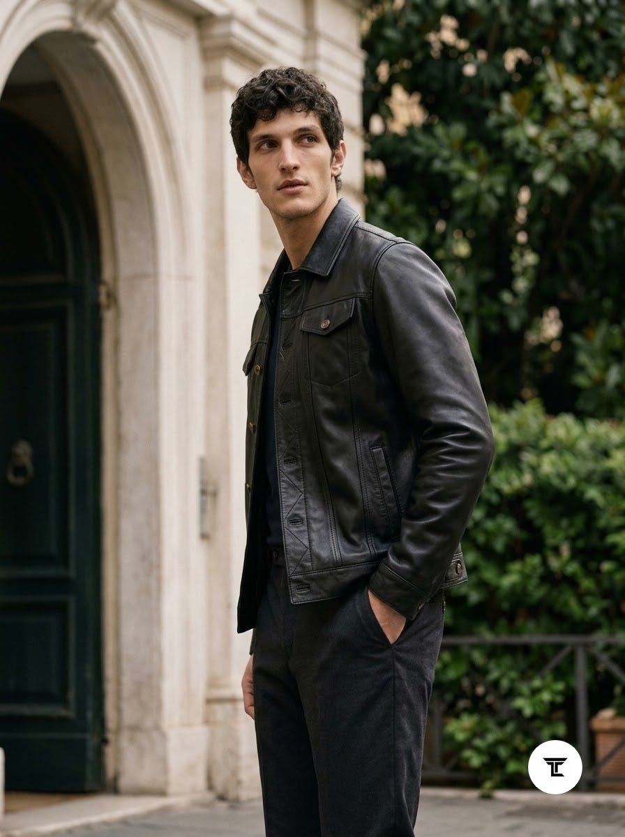 Taj Heritage Austin Classic Black Full-Grain Leather Trucker Jacket - View 1000166690