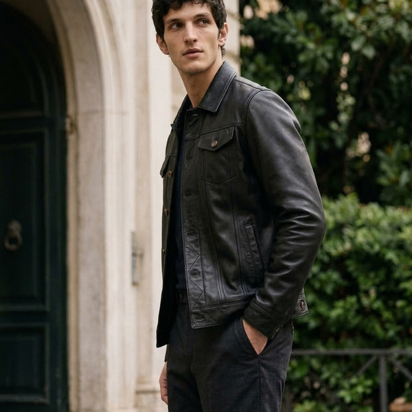 Taj Heritage Austin Classic Black Full-Grain Leather Trucker Jacket Close-up 2