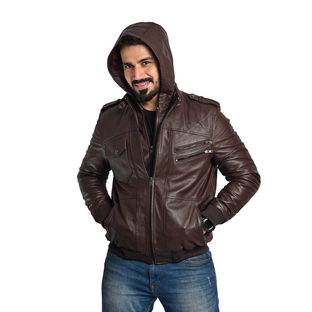 Men's Hooded Dark Brown Leather Jacket - Multi-Pocket Design with Left and Right Pockets