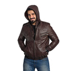 Men's Hooded Dark Brown Leather Jacket - Multi-Pocket Design with Left and Right Pockets