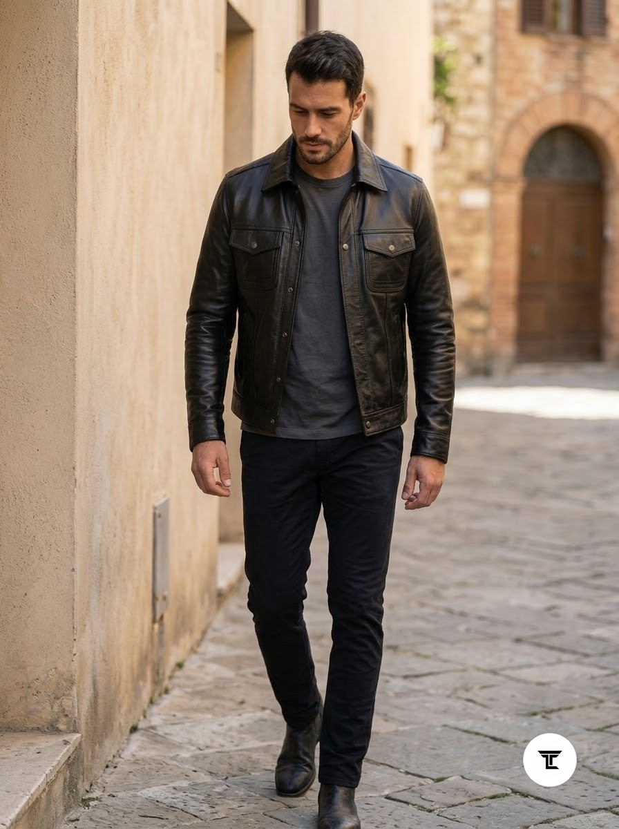 Taj Bespoke Tribeca Black Leather Button Overshirt