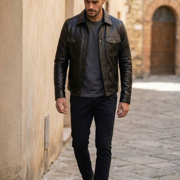 Taj Bespoke Tribeca Black Leather Button Overshirt Close-up 2