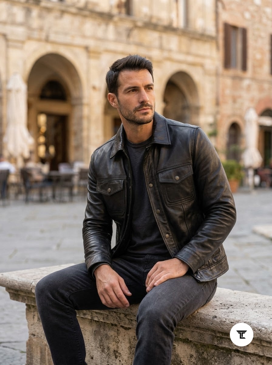 Taj Bespoke Tribeca Black Leather Button Overshirt