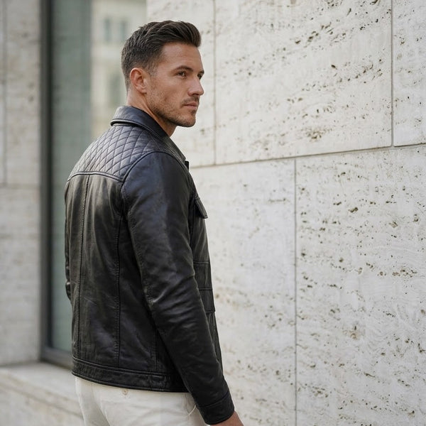 Taj Signature Vanguard Quilted Shoulder Leather Jacket Close-up 2