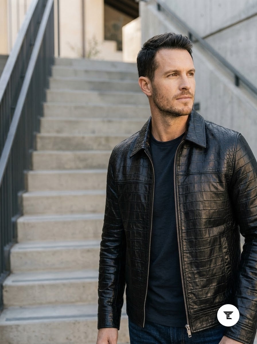 Taj Signature Croc-Embossed Exotic Leather Zip Jacket