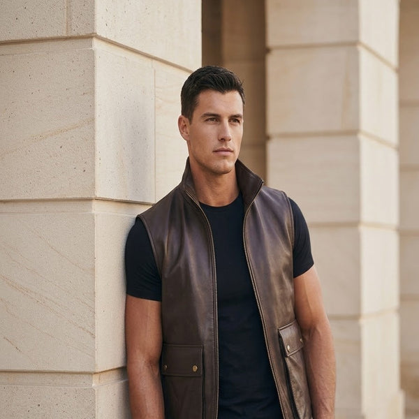 Taj Artisan Raw Distressed Brown Leather Sleeveless Biker Vest