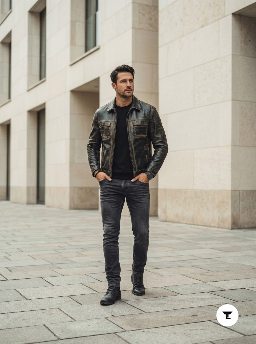 Taj Heritage Detroit Distressed Charcoal Leather Trucker Jacket - View 1000166378