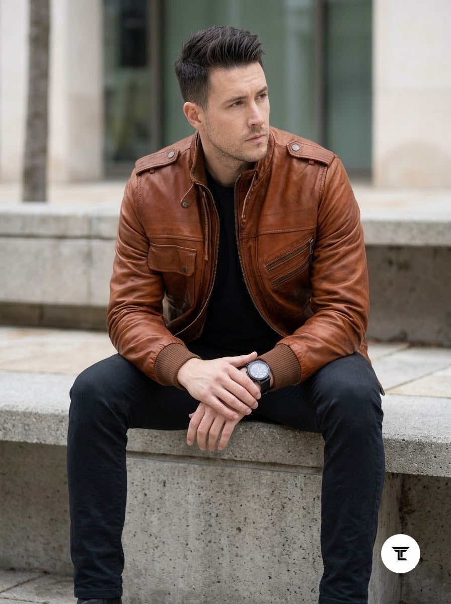 Taj Signature Amber Cognac Ribbed Moto Leather Jacket