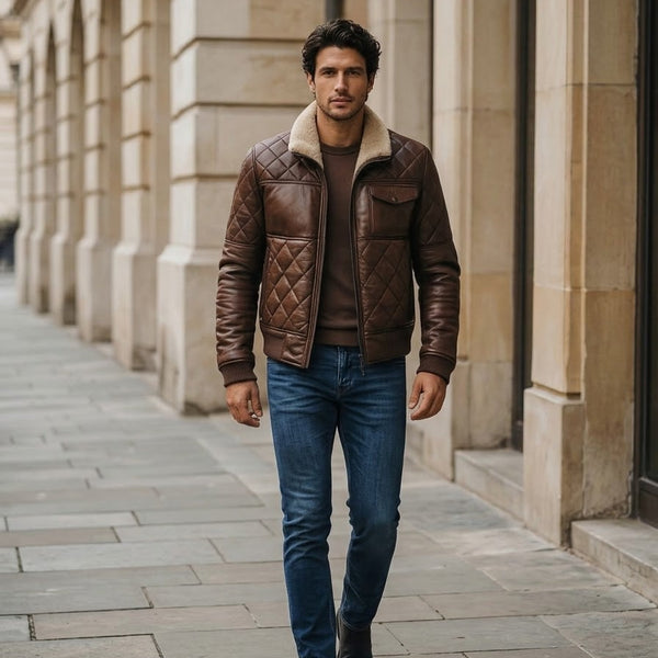 Taj Imperial St. Moritz Quilted Brown Shearling Collar Bomber