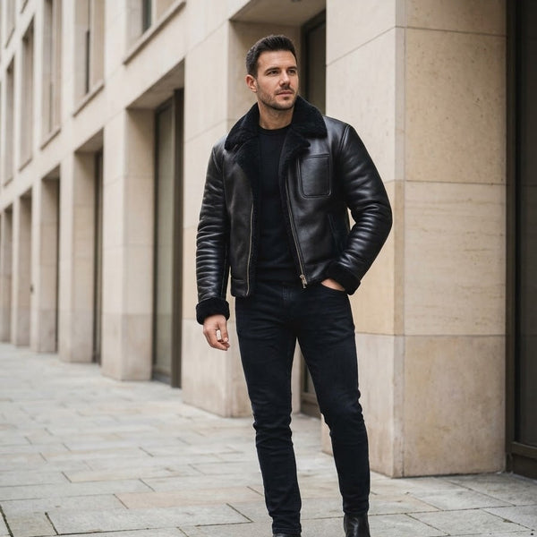 Taj Signature Aspen Black Shearling Aviator Jacket Close-up 3