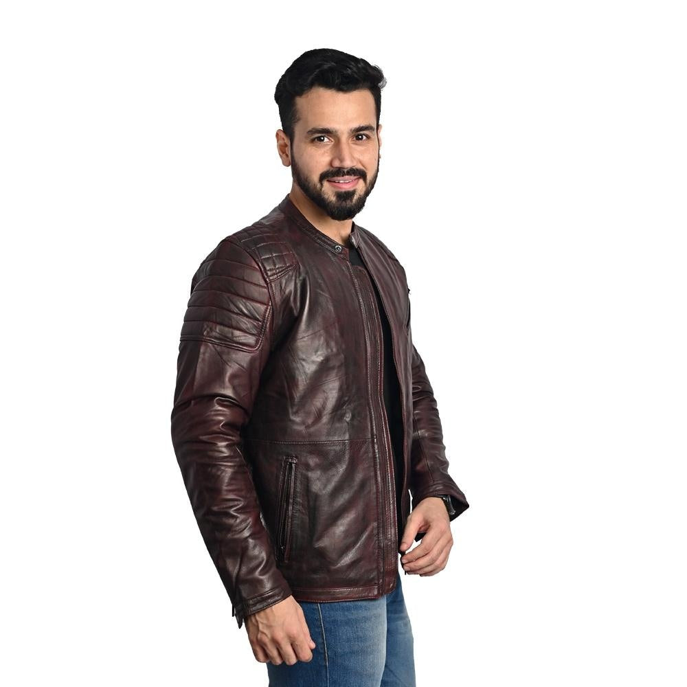 R - Brown Men's Solid Leather Jacket - Stylish and Durable