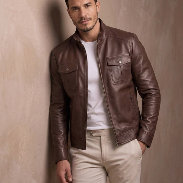 Taj Heritage Chestnut Harrington Leather Jacket Close-up 1