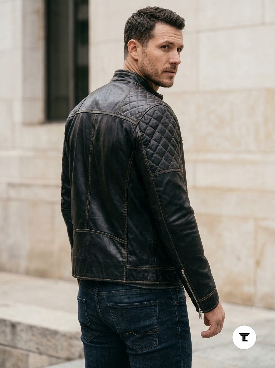 Taj Signature Stealth Diamond-Panel Black Biker Jacket