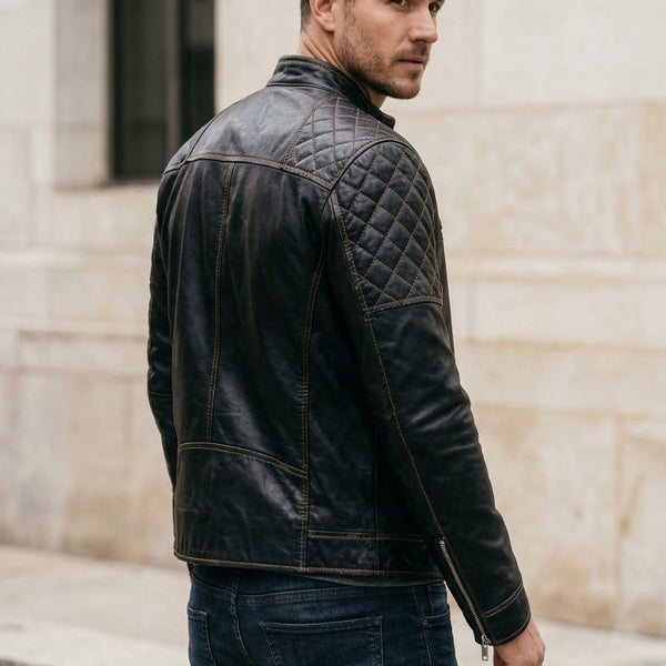 Taj Signature Stealth Diamond-Panel Black Biker Jacket Close-up 3