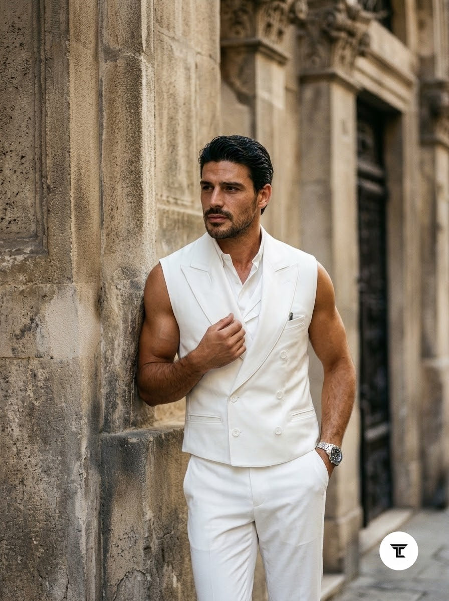 Taj Royal Ivory Double-Breasted Sleeveless Leather Vest - View 1000166285