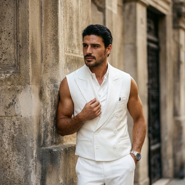 Taj Royal Ivory Double-Breasted Sleeveless Leather Vest Close-up 1