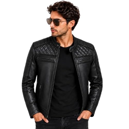 TAJ LEATHER Men's Genuine Leather Jacket | 100% Genuine Leather Cafe Racer Biker Jacket | Premium Quilted Motorcycle Jacket | Black | 3XL