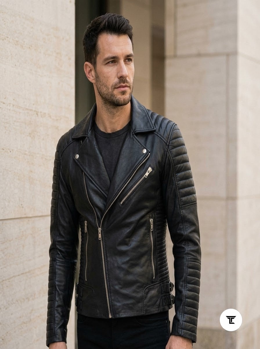 Taj Bespoke Phantom Ribbed Asymmetric Biker Leather Jacket
