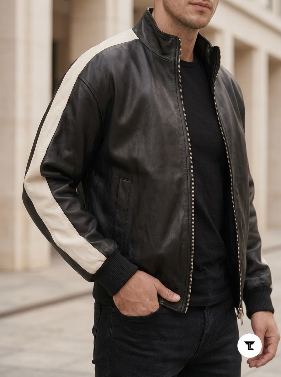 Taj Signature Silverstone Striped Sleeve Leather Biker Jacket - View 1000166341
