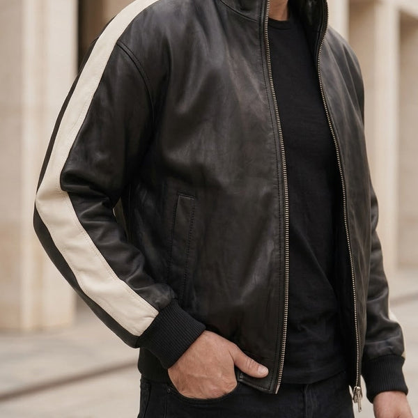 Taj Signature Silverstone Striped Sleeve Leather Biker Jacket Close-up 2