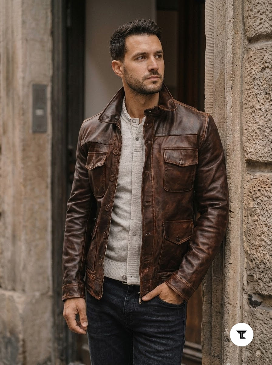 Taj Heritage Distressed Antique Brown Moto Leather Jacket