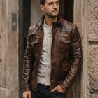 Taj Heritage Distressed Antique Brown Moto Leather Jacket