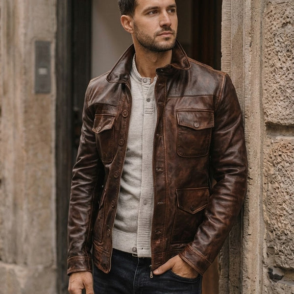 Taj Heritage Distressed Antique Brown Moto Leather Jacket Close-up 1