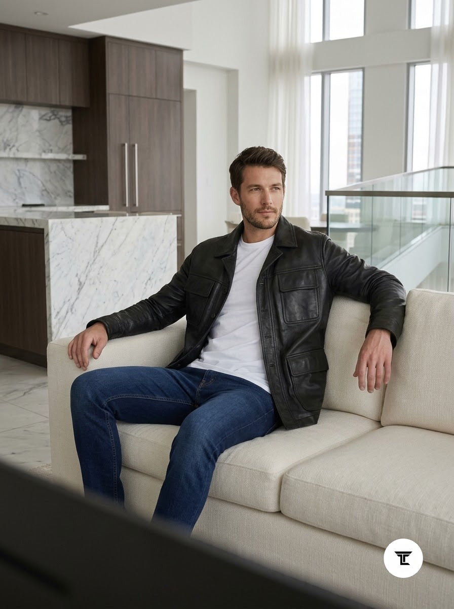 Taj Bespoke Washed Charcoal Nappa Leather Shirt Jacket