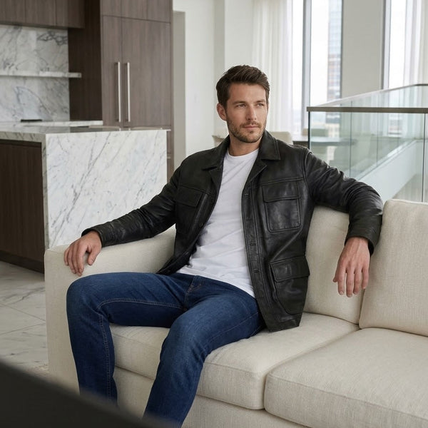 Taj Bespoke Washed Charcoal Nappa Leather Shirt Jacket Close-up 2