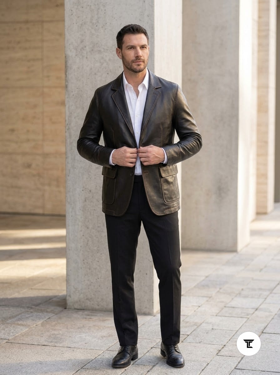 Taj Bespoke Executive Black Nappa Leather Two-Button Blazer