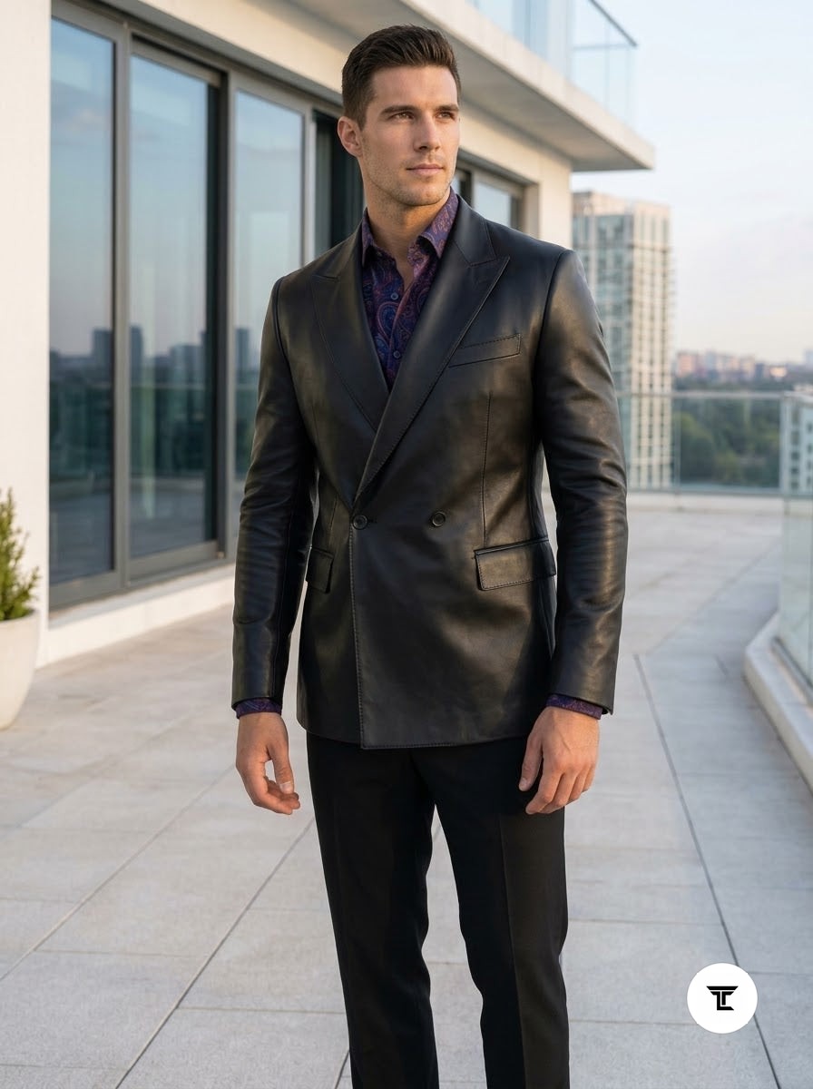 Taj Bespoke Penthouse Black Leather Tuxedo Blazer