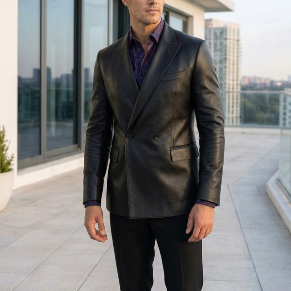 Taj Bespoke Penthouse Black Leather Tuxedo Blazer Close-up 2